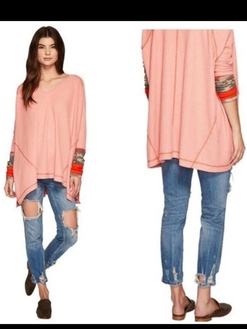New Free People Waffle Knit Peach Combo Oversize Top
